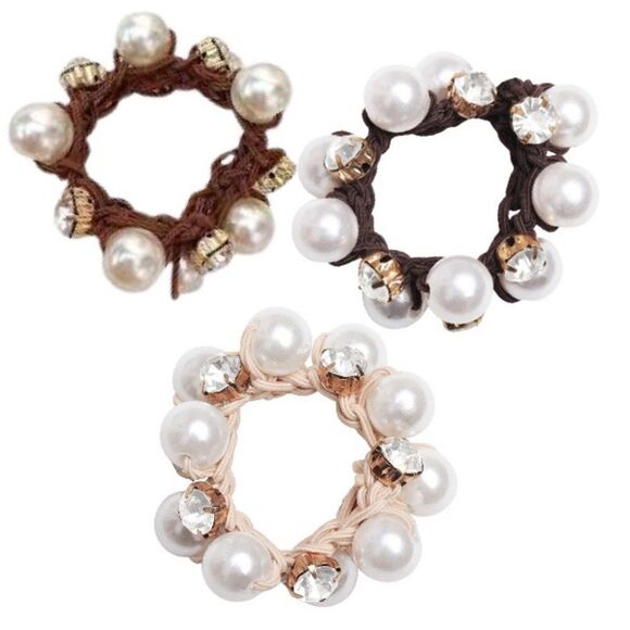 Set of 3 Pearl and Crystal Hair Ties Elastic Band Scrunchies - Picture 1 of 12